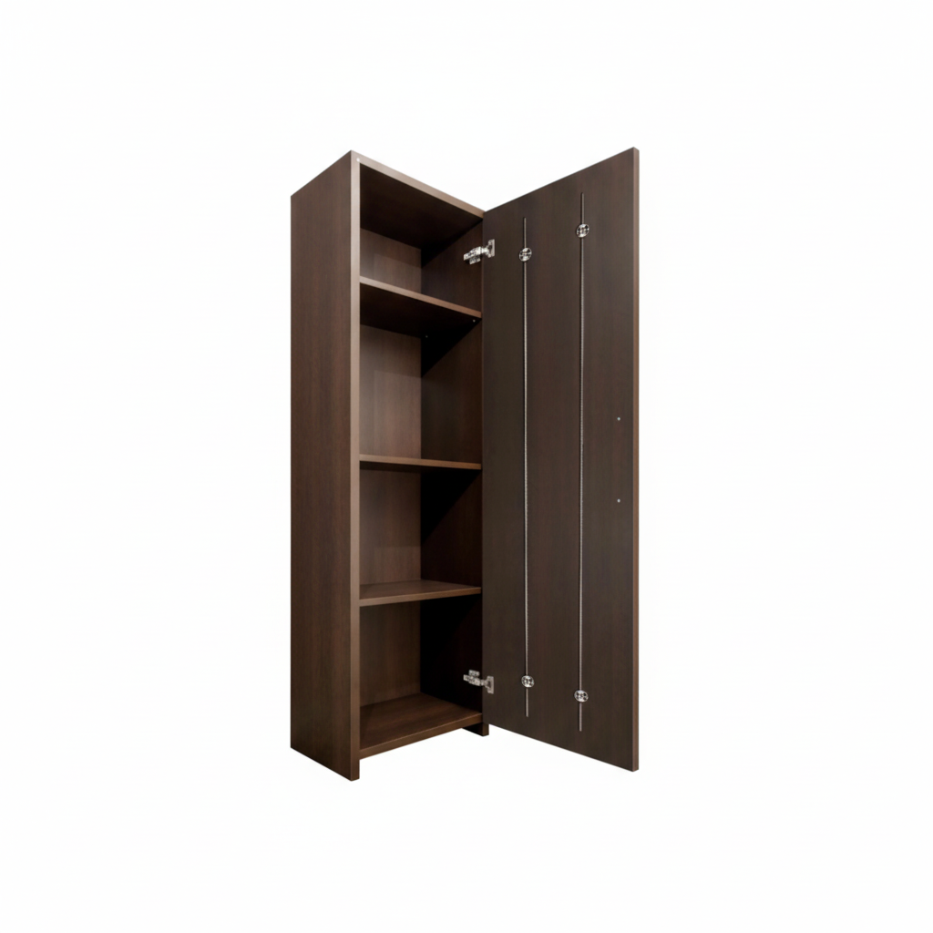 An interior view of a dark wood finish wardrobe showcasing the installation of two Ebco door straighteners on the inner panel. The image demonstrates how the adjustable tension rods are vertically mounted to provide structural reinforcement, effectively preventing large cabinet doors from warping or bowing. This professional hardware solution ensures long-term alignment and smooth operation for tall furniture doors and heavy-duty cabinetry.