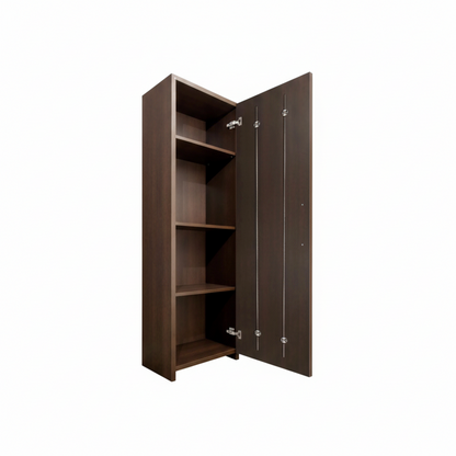 An interior view of a dark wood finish wardrobe showcasing the installation of two Ebco door straighteners on the inner panel. The image demonstrates how the adjustable tension rods are vertically mounted to provide structural reinforcement, effectively preventing large cabinet doors from warping or bowing. This professional hardware solution ensures long-term alignment and smooth operation for tall furniture doors and heavy-duty cabinetry.