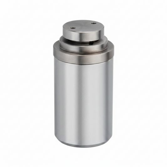Enox E BUSH 007 cylindrical glass mounting bush in a silver finish featuring a tiered precision-machined design for secure frameless glass panel installation.
