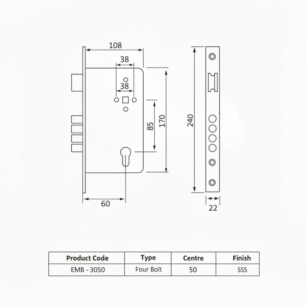 Technical dimensional diagram for Enox EMB 3050 four-bolt mortise lock body in Satin Stainless Steel (SSS) finish, showing an 85mm center-to-center distance, 50mm backset, and 240mm faceplate height.