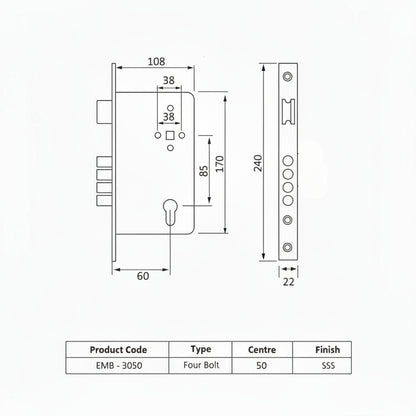 Technical dimensional diagram for Enox EMB 3050 four-bolt mortise lock body in Satin Stainless Steel (SSS) finish, showing an 85mm center-to-center distance, 50mm backset, and 240mm faceplate height.