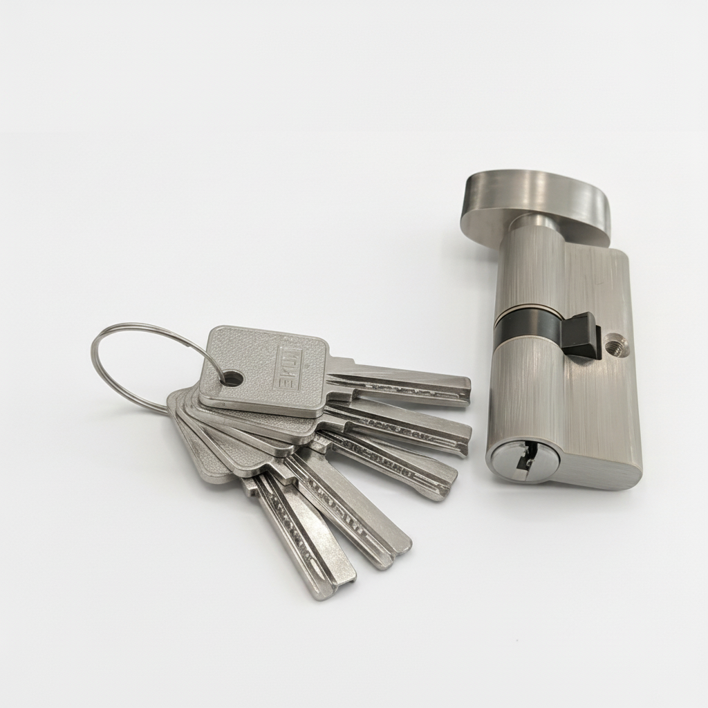 Enox ECY 3060 SS high-security Euro profile cylinder in brushed satin stainless steel featuring a thumb-turn knob for internal locking and a set of five computer-coded dimple keys.