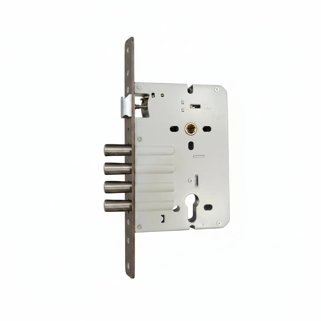 Enox EMB 3070 four-bolt mortise lock body featuring a 70mm backset, 85mm center-to-center distance, four stainless steel bullet deadbolts, and a reversible latch in satin finish.