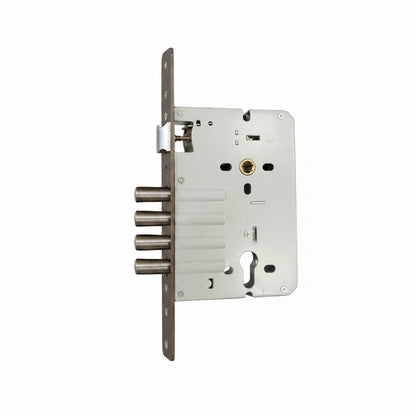 Enox EMB 3070 four-bolt mortise lock body featuring a 70mm backset, 85mm center-to-center distance, four stainless steel bullet deadbolts, and a reversible latch in satin finish.