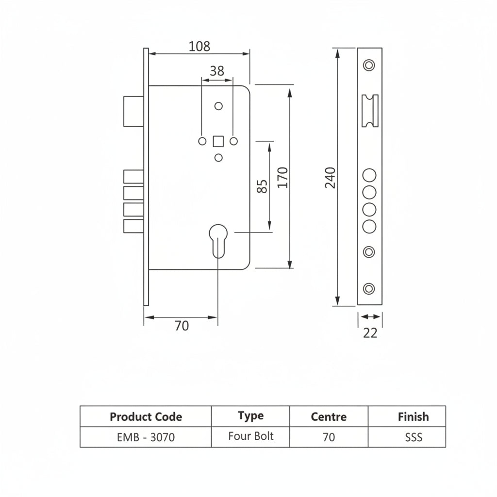 Technical dimensional diagram for Enox EMB 3070 SS multi-bolt mortise lock body showing an 85mm center-to-center distance, 70mm backset, 240mm faceplate height, and four-bullet deadbolt configuration for main doors.