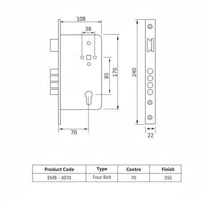 Technical dimensional diagram for Enox EMB 3070 SS multi-bolt mortise lock body showing an 85mm center-to-center distance, 70mm backset, 240mm faceplate height, and four-bullet deadbolt configuration for main doors.