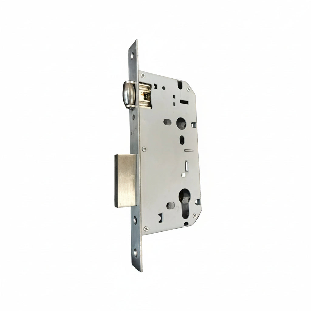 Enox EMB 560 SS mortise lock body in a brushed satin stainless steel finish featuring a reversible latch, solid deadbolt, and Euro-profile cylinder hole for reliable residential and commercial door security.