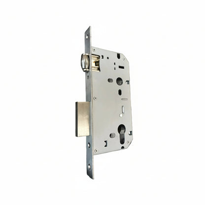 Enox EMB 560 SS mortise lock body in a brushed satin stainless steel finish featuring a reversible latch, solid deadbolt, and Euro-profile cylinder hole for reliable residential and commercial door security.