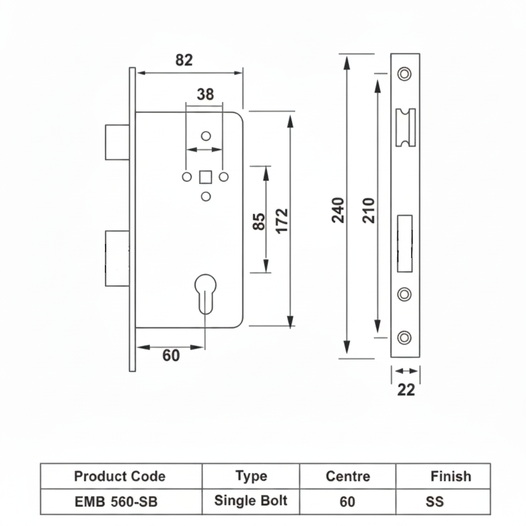 Technical dimensional diagram for Enox EMB 560-SB single bolt mortise lock body in Silver finish, showing an 85mm center-to-center distance, 60mm backset, and 240mm faceplate height.