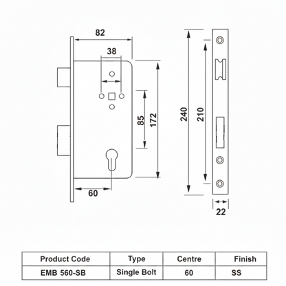 Technical dimensional diagram for Enox EMB 560-SB single bolt mortise lock body in Silver finish, showing an 85mm center-to-center distance, 60mm backset, and 240mm faceplate height.