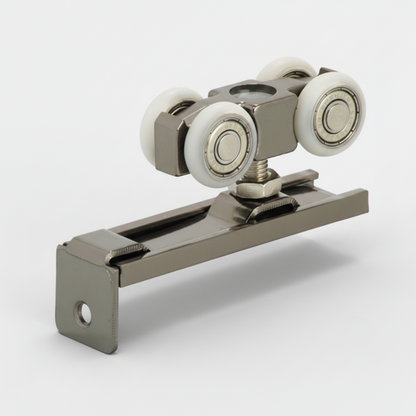 An ENOX ESLD-013A sliding door roller assembly featuring a 4-wheel carriage with high-quality white nylon rollers. This architectural hardware is designed for wooden sliding door systems, providing smooth and quiet gliding performance. The durable steel body includes an adjustable mounting bracket and precision ball bearings, making it ideal for modern residential and office interior sliding partitions.