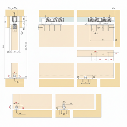 A comprehensive technical installation diagram for the ENOX ESLD-013B wooden sliding door fitting system. The schematic details critical architectural dimensions, including a 36mm track width, top-hung 4-wheel roller clearances, and bottom guide mounting positions. This structural drawing provides precise measurements for screw hole spacing and door height calculations (DH=TH-55), serving as an essential specification guide for architects and professional installers of sliding door hardware.