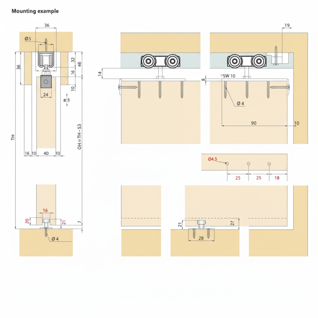 A technical mounting example diagram for the ENOX ESLD-014B wooden sliding door fitting system. The schematic provides detailed architectural measurements for installation, including track dimensions of 36mm x 36mm, floor guide clearances, and screw hole positions. This structural drawing illustrates the top-hung roller assembly and bottom guide configuration, serving as a precise guide for carpenters and interior designers installing sliding door hardware.