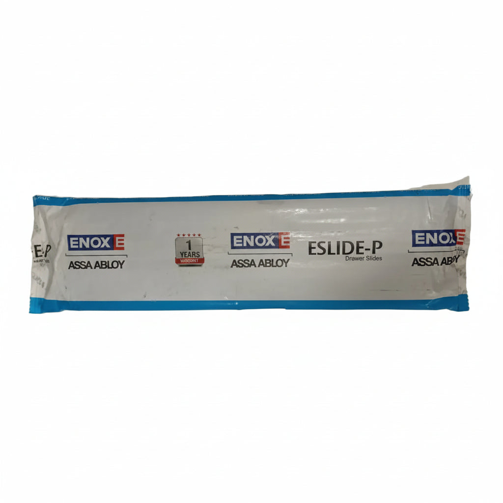 Retail packaging for Enox Eslide-P telescopic drawer slides by Assa Abloy, featuring a 1-year warranty badge and heavy-duty ball-bearing channel design for smooth kitchen and furniture drawer operation