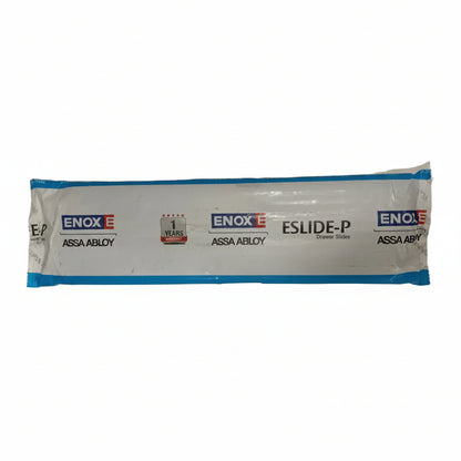 Retail packaging for Enox Eslide-P telescopic drawer slides by Assa Abloy, featuring a 1-year warranty badge and heavy-duty ball-bearing channel design for smooth kitchen and furniture drawer operation