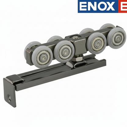 An ENOX heavy-duty sliding door roller assembly featuring an 8-wheel carriage design with durable nylon rollers. This high-performance architectural hardware is engineered for smooth, silent operation of heavy sliding wooden or glass doors. The zinc-plated steel housing and precision ball bearings ensure long-lasting durability for modern residential and commercial interior sliding systems.