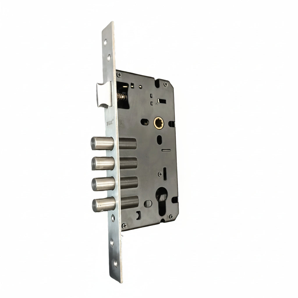 Enox multi-bolt mortise lock body in a brushed satin finish featuring a four-bullet stainless steel deadbolt, reversible latch for left or right-hand doors, and a high-security key cylinder for main entrance protection.