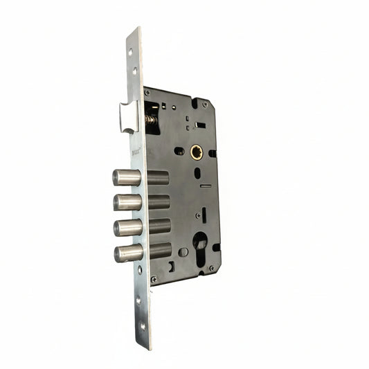 Enox multi-bolt mortise lock body in a brushed satin finish featuring a four-bullet stainless steel deadbolt, reversible latch for left or right-hand doors, and a high-security key cylinder for main entrance protection.