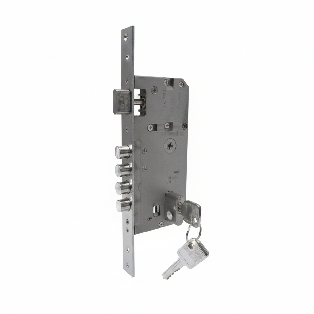 Enox multi-bolt mortise lock body in a brushed satin finish featuring a four-bullet stainless steel deadbolt, reversible latch for left or right-hand doors, and a high-security key cylinder for main entrance protection.