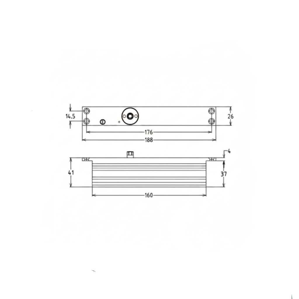 A technical line drawing and dimensional diagram of the Enox ITS 2602 concealed door closer, showing top and side views with precise measurements in millimeters, including a total length of 188mm and a slim 26 mm width.
