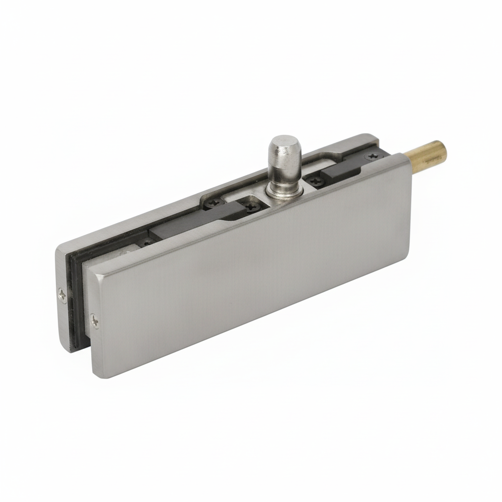 EPF 703A top patch fitting for frameless glass doors featuring a durable brushed stainless steel cover, integrated pivot pin, and adjustable internal clamping gaskets for secure glass mounting.