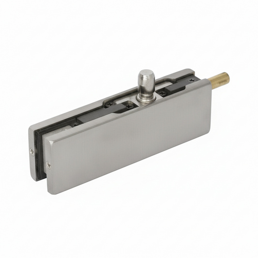 EPF 703A top patch fitting for frameless glass doors featuring a durable brushed stainless steel cover, integrated pivot pin, and adjustable internal clamping gaskets for secure glass mounting.