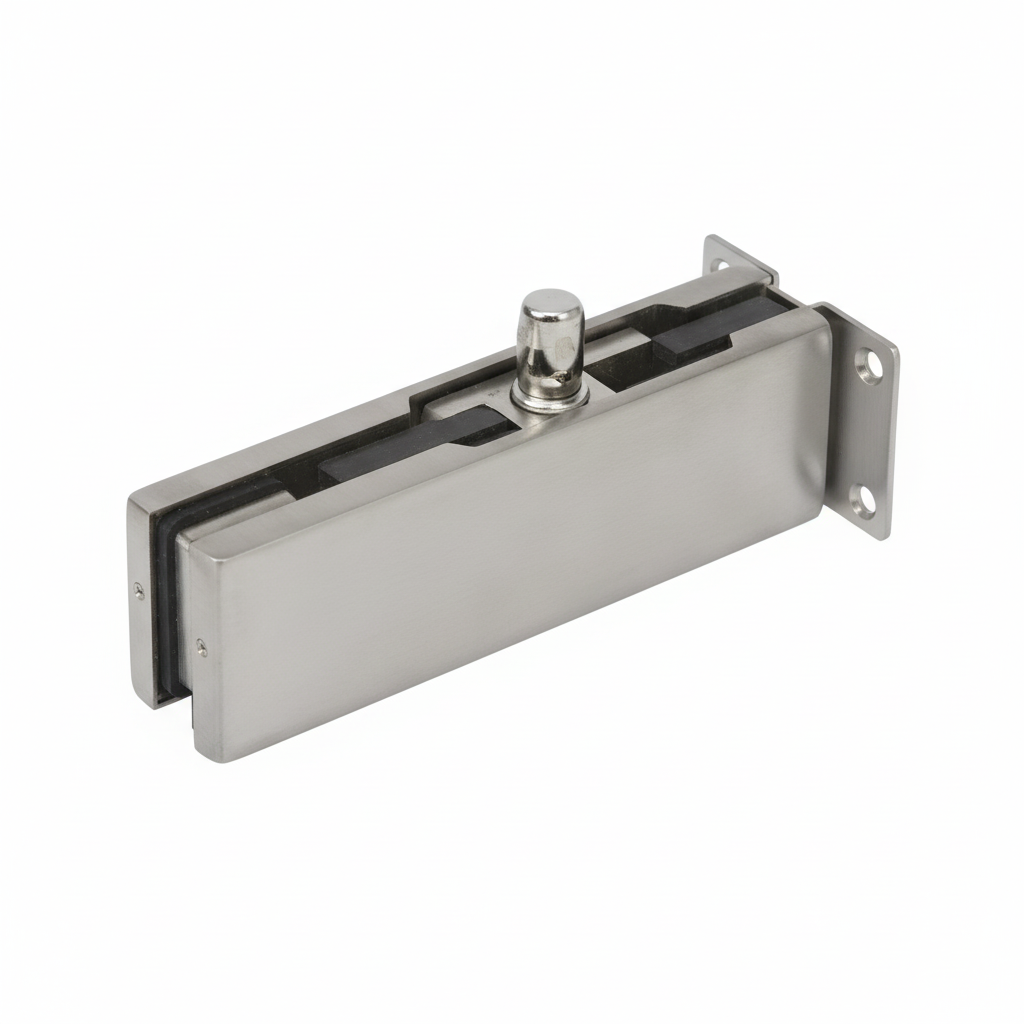 An EPF703 top patch fitting for frameless glass doors, featuring a high-quality brushed stainless steel finish. This architectural hardware includes an integrated pivot pin, a side-mounting wall bracket, and durable internal black gaskets for a secure grip on glass panels. Designed for professional use in commercial glass partitions and office entryways, it provides a stable and minimalist pivot point for modern glass door systems.