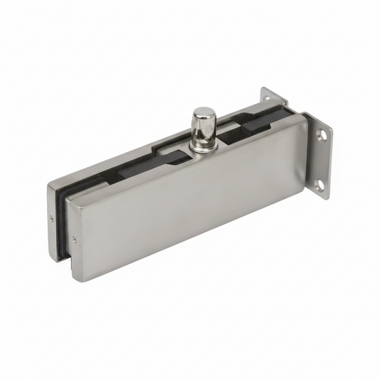 An EPF703 top patch fitting for frameless glass doors, featuring a high-quality brushed stainless steel finish. This architectural hardware includes an integrated pivot pin, a side-mounting wall bracket, and durable internal black gaskets for a secure grip on glass panels. Designed for professional use in commercial glass partitions and office entryways, it provides a stable and minimalist pivot point for modern glass door systems.