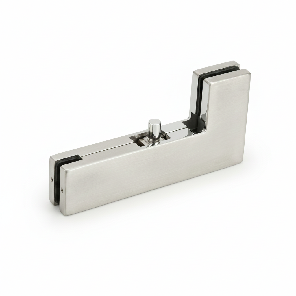 An EPF704 L-shaped top patch fitting for frameless glass doors, featuring a clean white powder-coated finish. This architectural hardware includes an integrated pivot pin and protective internal black gaskets to securely join a glass transom and side panel. Designed for modern commercial partitions and office interiors, it provides a sleek, minimalist, and durable pivot connection for professional glass door systems.