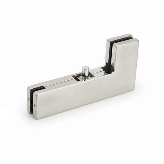 An EPF704 L-shaped top patch fitting for frameless glass doors, featuring a clean white powder-coated finish. This architectural hardware includes an integrated pivot pin and protective internal black gaskets to securely join a glass transom and side panel. Designed for modern commercial partitions and office interiors, it provides a sleek, minimalist, and durable pivot connection for professional glass door systems.