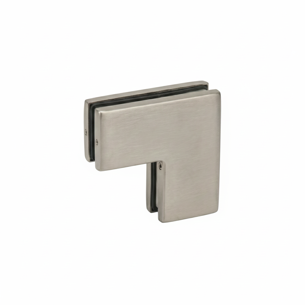 An EPF705 L-shaped glass patch fitting with a high-shine polished chrome finish. This premium architectural corner connector features protective internal black rubber gaskets to ensure a secure, slip-resistant grip on frameless glass panels. Ideal for modern glass partitions and commercial storefronts, it provides a sleek, minimalist hardware solution for connecting and stabilizing glass door systems.
