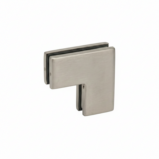 An EPF705 L-shaped glass patch fitting with a high-shine polished chrome finish. This premium architectural corner connector features protective internal black rubber gaskets to ensure a secure, slip-resistant grip on frameless glass panels. Ideal for modern glass partitions and commercial storefronts, it provides a sleek, minimalist hardware solution for connecting and stabilizing glass door systems.