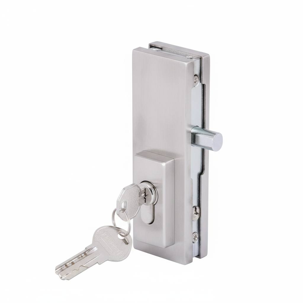 A high-security EPF706 glass door patch lock in a premium brushed stainless steel finish. This vertical patch fitting features a robust deadbolt mechanism and a high-quality Euro profile cylinder with two computer-cut keys. Designed for frameless glass doors in commercial offices and retail storefronts, it provides a sleek, modern security solution with a secure, damage-free grip on the glass panel.