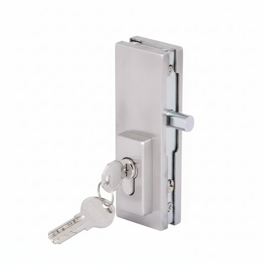 A high-security EPF706 glass door patch lock in a premium brushed stainless steel finish. This vertical patch fitting features a robust deadbolt mechanism and a high-quality Euro profile cylinder with two computer-cut keys. Designed for frameless glass doors in commercial offices and retail storefronts, it provides a sleek, modern security solution with a secure, damage-free grip on the glass panel.