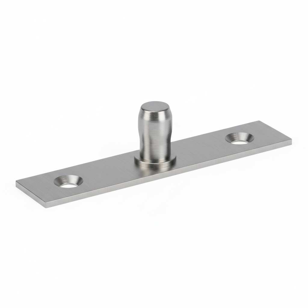 An EPF712 top pivot plate for frameless glass doors, featuring a high-quality brushed stainless steel finish. This heavy-duty architectural hardware consists of a flat rectangular mounting plate with pre-drilled countersunk holes and a central tapered pivot pin. Designed for professional use in commercial glass partitions and office entryways, it provides a stable and smooth rotation point for top-patch-fitted glass door systems.