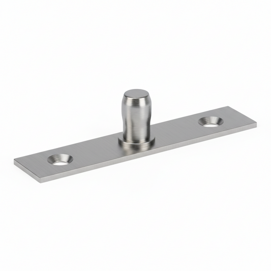 An EPF712 top pivot plate for frameless glass doors, featuring a high-quality brushed stainless steel finish. This heavy-duty architectural hardware consists of a flat rectangular mounting plate with pre-drilled countersunk holes and a central tapered pivot pin. Designed for professional use in commercial glass partitions and office entryways, it provides a stable and smooth rotation point for top-patch-fitted glass door systems.
