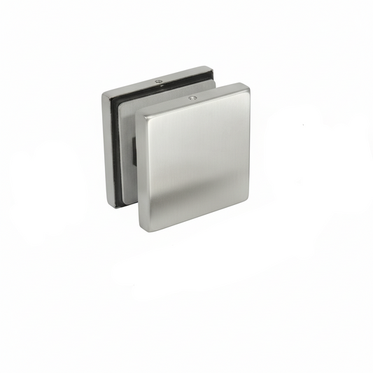 An EPF715O square glass patch fitting featuring a premium brushed stainless steel finish. This compact architectural connector includes internal protective black gaskets to ensure a secure, slip-resistant grip on frameless glass panels. Designed for modern glass partitions and commercial storefronts, it provides a sleek, minimalist hardware solution for stabilizing and connecting glass door systems.