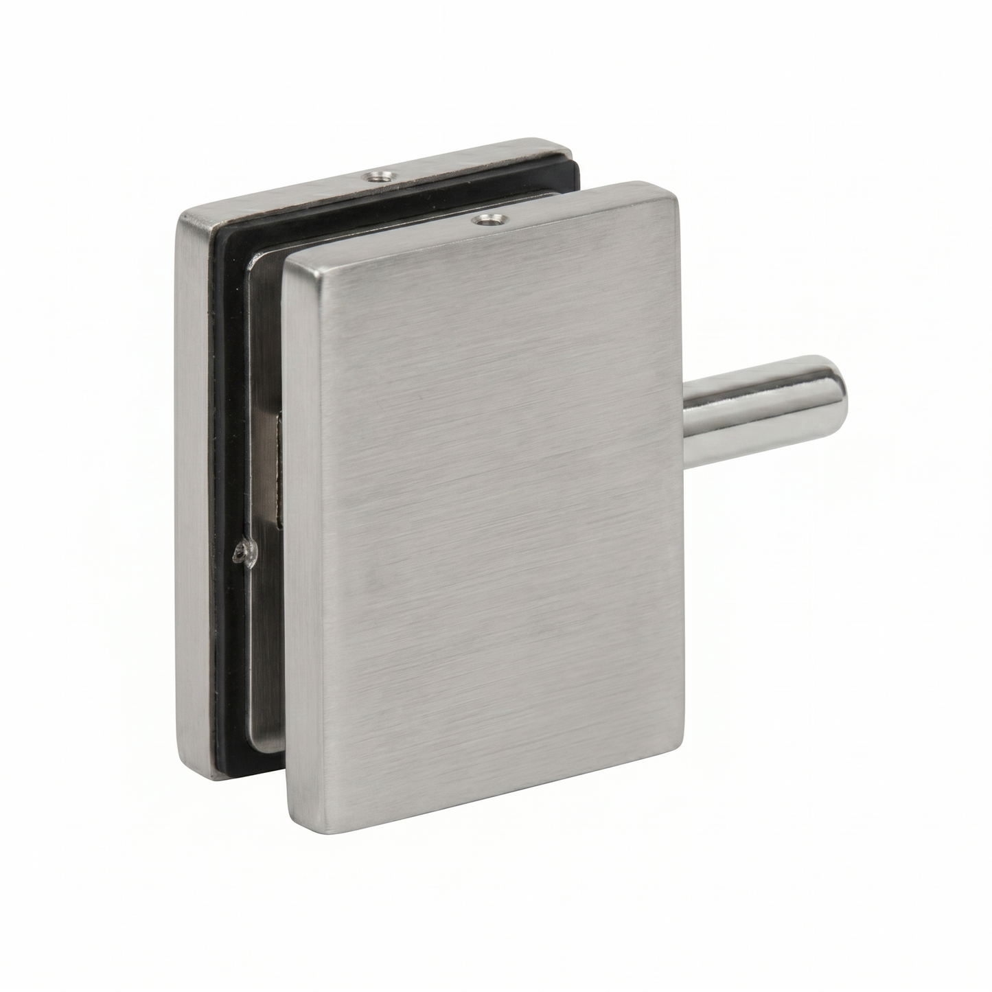 An EPF715S-P top patch fitting for frameless glass doors, featuring a clean white powder-coated finish and a solid brass pivot pin. This compact square fitting includes durable internal black gaskets and a protective mounting plate to ensure a secure, slip-resistant grip on glass panels. Designed for modern commercial partitions and office interiors, it provides a sleek and reliable pivot connection for architectural glass door systems.