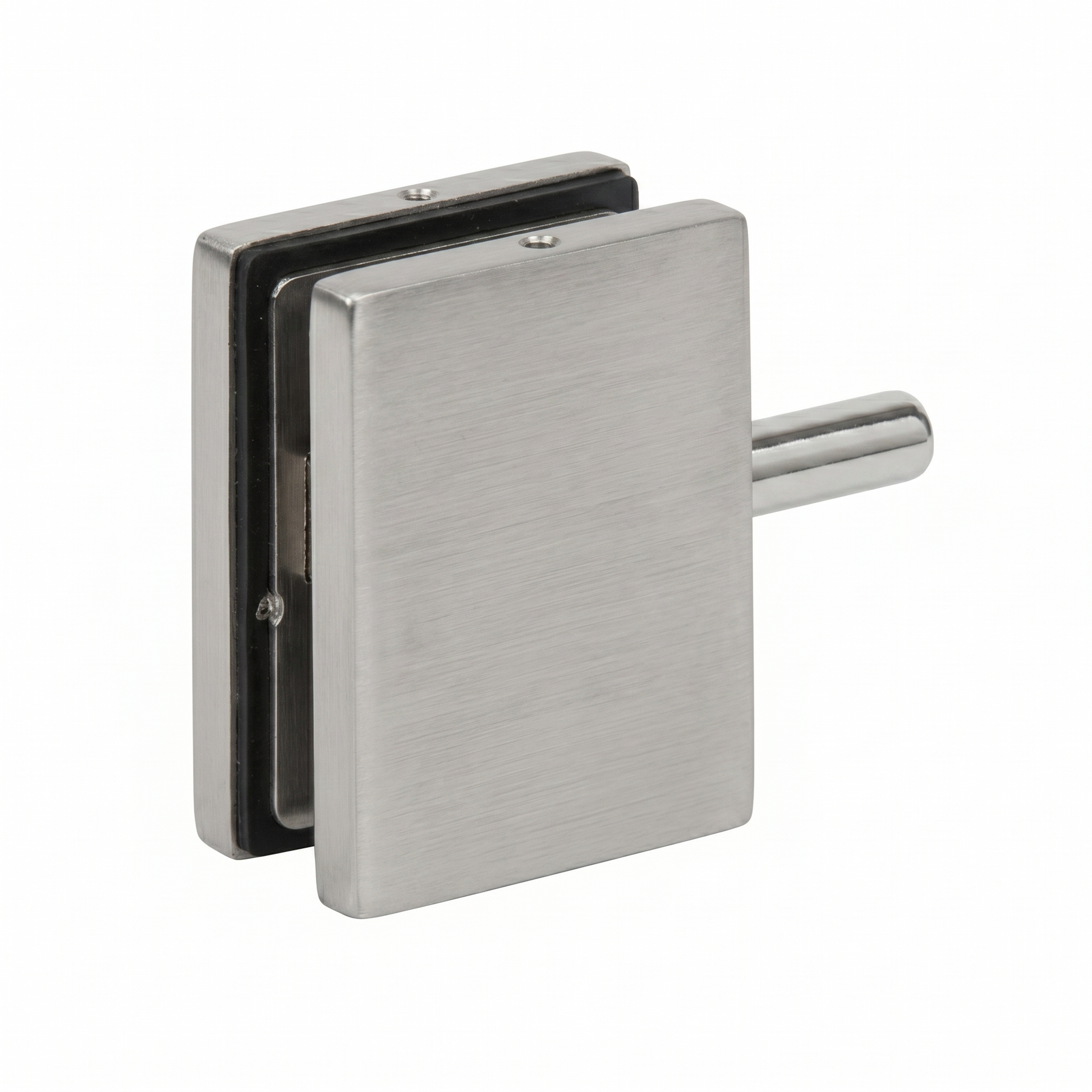 An EPF715S-P top patch fitting for frameless glass doors, featuring a clean white powder-coated finish and a solid brass pivot pin. This compact square fitting includes durable internal black gaskets and a protective mounting plate to ensure a secure, slip-resistant grip on glass panels. Designed for modern commercial partitions and office interiors, it provides a sleek and reliable pivot connection for architectural glass door systems.