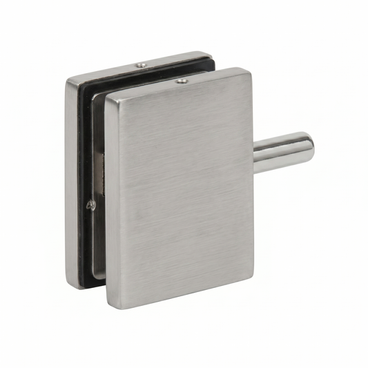 An EPF715S-P top patch fitting for frameless glass doors, featuring a clean white powder-coated finish and a solid brass pivot pin. This compact square fitting includes durable internal black gaskets and a protective mounting plate to ensure a secure, slip-resistant grip on glass panels. Designed for modern commercial partitions and office interiors, it provides a sleek and reliable pivot connection for architectural glass door systems.