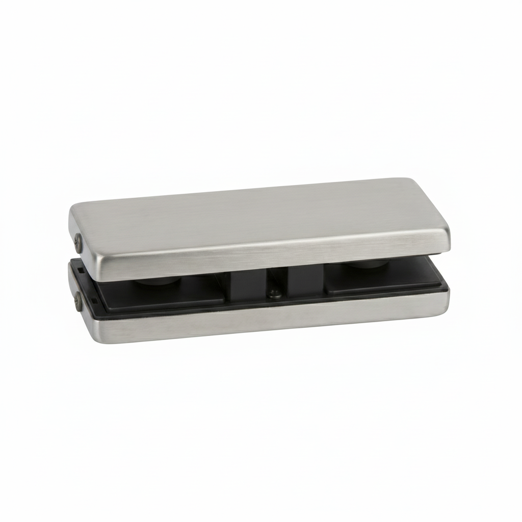An EPF716 bottom patch fitting for frameless glass doors, featuring a high-shine polished chrome finish. This architectural hardware is designed with a durable outer shell, internal protective gaskets, and a reinforced mounting system to securely hold glass panels. Perfect for modern commercial storefronts and office interiors, it provides a sleek and reliable connection point for floor-spring-operated glass door systems.