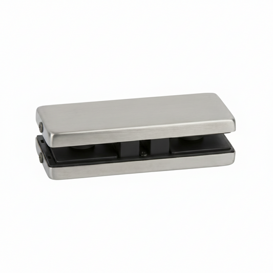 An EPF716 bottom patch fitting for frameless glass doors, featuring a high-shine polished chrome finish. This architectural hardware is designed with a durable outer shell, internal protective gaskets, and a reinforced mounting system to securely hold glass panels. Perfect for modern commercial storefronts and office interiors, it provides a sleek and reliable connection point for floor-spring-operated glass door systems.
