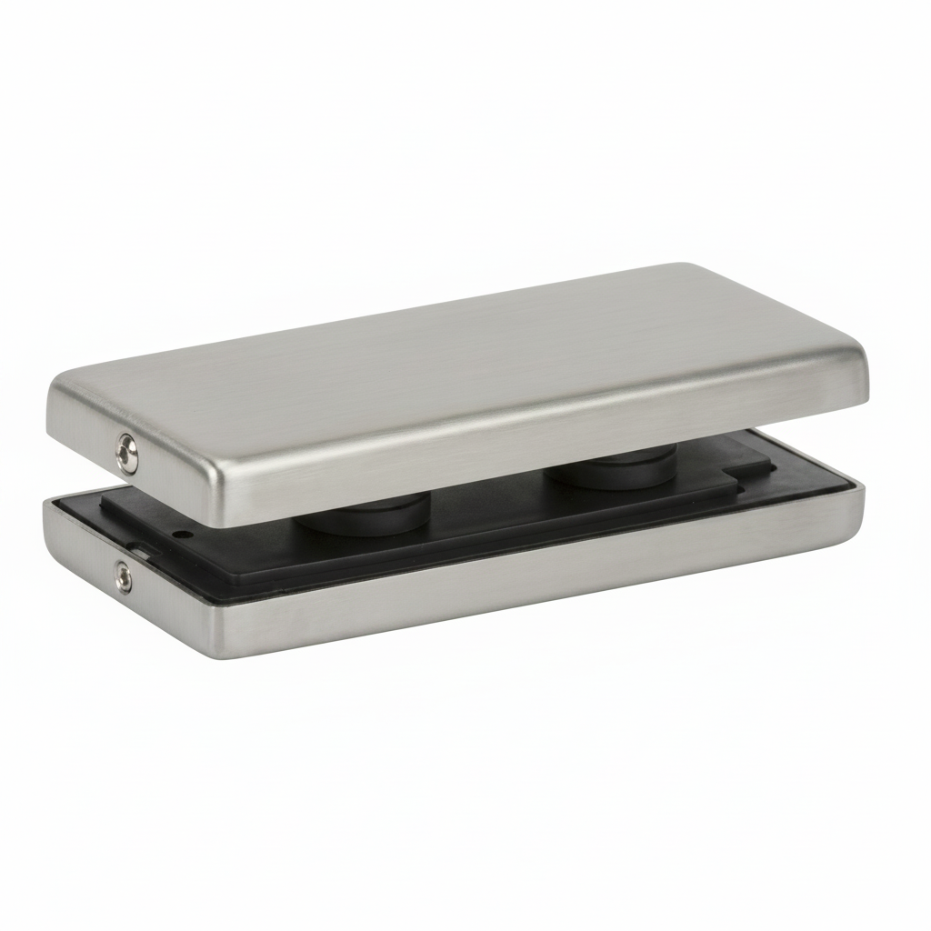 An EPF716A bottom patch fitting for frameless glass doors, featuring a modern matte silver finish. This architectural hardware includes a durable outer casing with internal black rubber gaskets and a protective mounting plate to ensure a secure, damage-free grip on glass panels. Designed for high-traffic commercial environments, it provides a sleek and stable connection point for floor-spring-operated glass door systems.