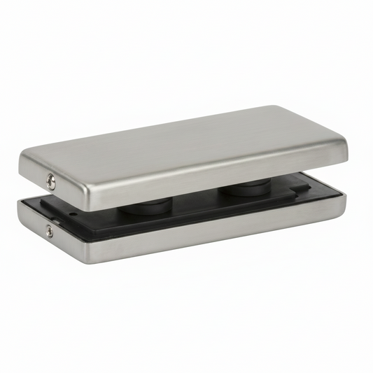 An EPF716A bottom patch fitting for frameless glass doors, featuring a modern matte silver finish. This architectural hardware includes a durable outer casing with internal black rubber gaskets and a protective mounting plate to ensure a secure, damage-free grip on glass panels. Designed for high-traffic commercial environments, it provides a sleek and stable connection point for floor-spring-operated glass door systems.