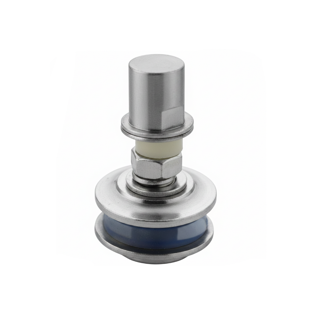 Enox EROUTEL 006 fixed point glass routel in a brushed stainless steel finish featuring blue weather-resistant gaskets, a heavy-duty threaded mounting bolt, and a precision-machined circular base for frameless glass facades.