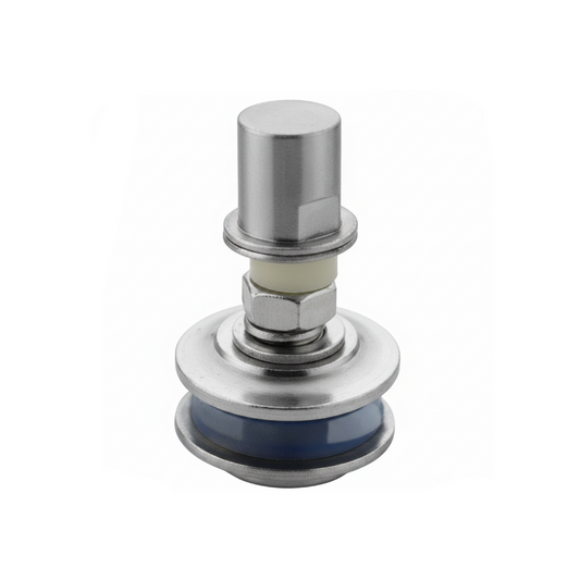 Enox EROUTEL 006 fixed point glass routel in a brushed stainless steel finish featuring blue weather-resistant gaskets, a heavy-duty threaded mounting bolt, and a precision-machined circular base for frameless glass facades.