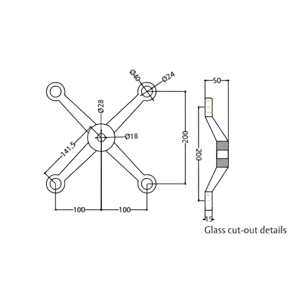 A technical dimension diagram for the ESPIDER 021B four-arm glass spider fitting, detailing architectural specifications for glass cut-outs. The schematic illustrates a 200mm vertical and horizontal span between mounting centers, a 50mm total depth, and a 141.5mm arm length from the center. This drawing provides critical installation data, including hole diameters of 24mm and 18mm, essential for specifying point-fixed glass hardware in large-scale structural facades and curtain walls.