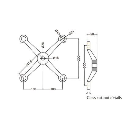 A technical dimension diagram for the ESPIDER 021B four-arm glass spider fitting, detailing architectural specifications for glass cut-outs. The schematic illustrates a 200mm vertical and horizontal span between mounting centers, a 50mm total depth, and a 141.5mm arm length from the center. This drawing provides critical installation data, including hole diameters of 24mm and 18mm, essential for specifying point-fixed glass hardware in large-scale structural facades and curtain walls.