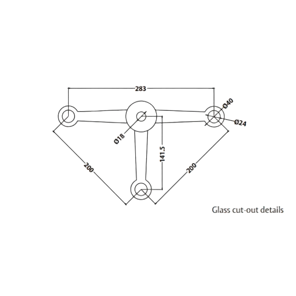 A technical dimension diagram for the ESPIDER 022 B three-arm glass spider fitting, detailing glass cut-out requirements. The schematic shows key architectural measurements, including a 283mm horizontal width, 141.5mm vertical height, and 200mm arm lengths. This drawing provides critical installation data such as hole diameters of 24mm and 18mm for precise point-fixed glass facade and curtain wall assembly.