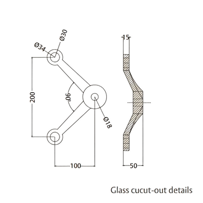 A technical dimension diagram for the ESPIDER 023 B two-arm V-shape glass spider fitting, detailing glass cut-out specifications. The schematic illustrates a 90° angle between arms, a 200mm vertical height between mounting points, and a 100mm horizontal reach. This architectural drawing includes precise measurements for hole diameters (30mm and 18mm) and a 50mm profile depth, essential for specifying point-fixed glass hardware in modern facades.